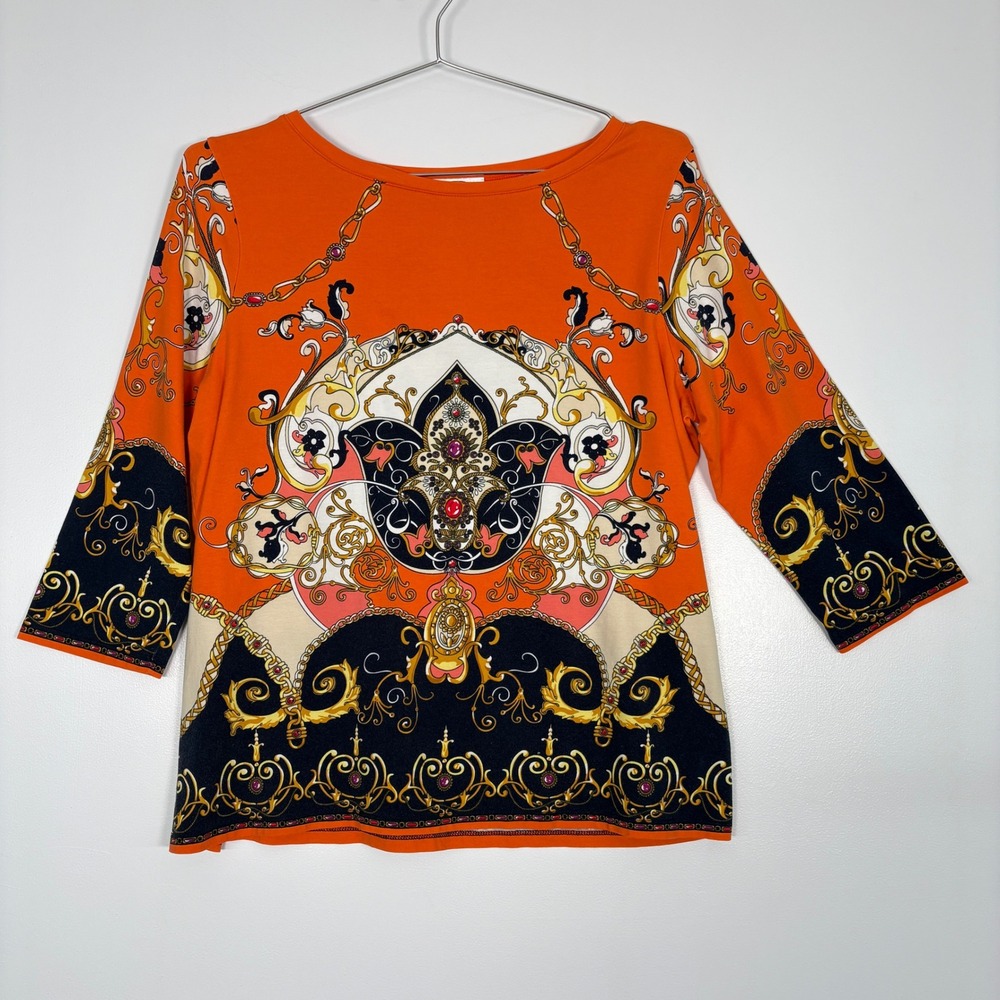 Talbots Woman Womens Top Size 1X Orange Baroque Medallion‎ 3/4 Sleeve Old Money